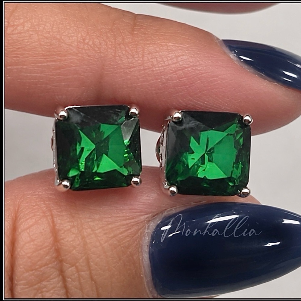 18k white gold simulated emerald brilliant square cut princess stud earrings